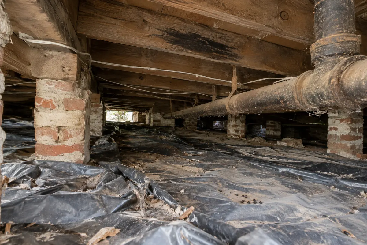 Crawl space with brick piers, a vapor barrier and a cast-iron drain pipe, black mold removal in Denver, CO
