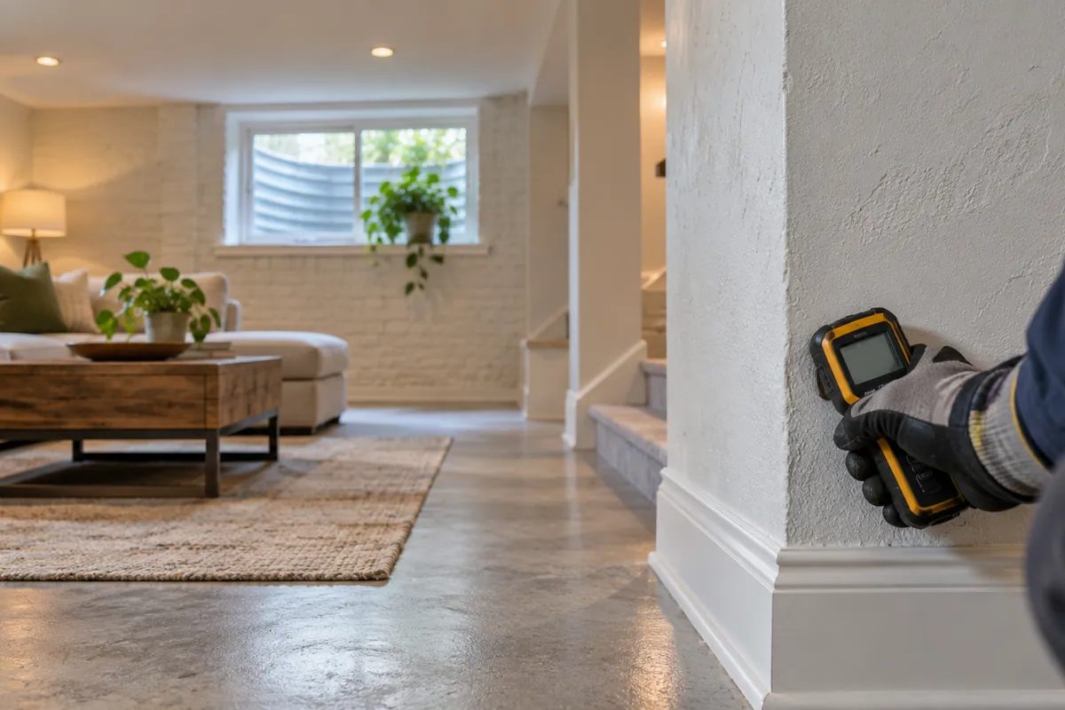 Moisture meter beside a finished basement wall, mold in hvac ducts in Denver, CO