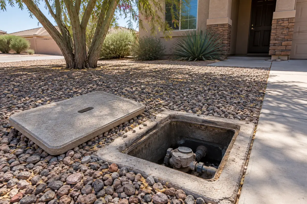 Water meter box with its lid set aside in a gravel yard, mold after a water leak in Denver, CO