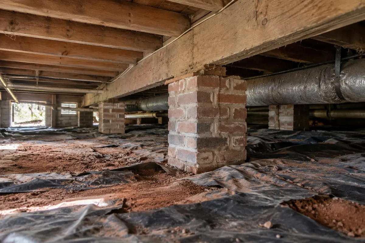 Crawl space with brick piers, joists and ductwork over a vapor barrier, mold remediation process in Denver, CO
